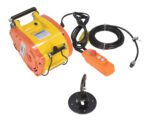 The yellow and orange Vestil Electric Mini Hang Cable Hoist 1000Cap features a black handle, attached cables, an orange control box with buttons, a long black cord, and a robust round metal mounting base with a hook.
