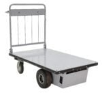 The Vestil Electric Material Handling Cart 28 X 48 features a metal frame with four wheels—two smaller at the handle and two larger at the other end—for efficient heavy item transport. This versatile, flatbed hand truck has no sides, allowing for easy loading and unloading.