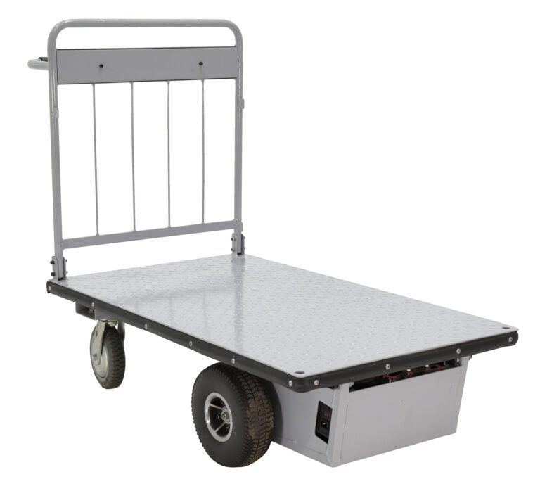 EMHC-2848-1_A.jpg The Vestil Electric Material Handling Cart 28 X 48 features a metal frame with four wheels—two smaller at the handle and two larger at the other end—for efficient heavy item transport. This versatile, flatbed hand truck has no sides, allowing for easy loading and unloading.