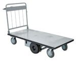 The Vestil Electric Matl Hndl No Sides Cart 28X60 is a flat metal cart with a foldable handle, textured surface, and four wheels—two swiveling and two fixed—ideal for transporting heavy loads in industrial or warehouse settings.