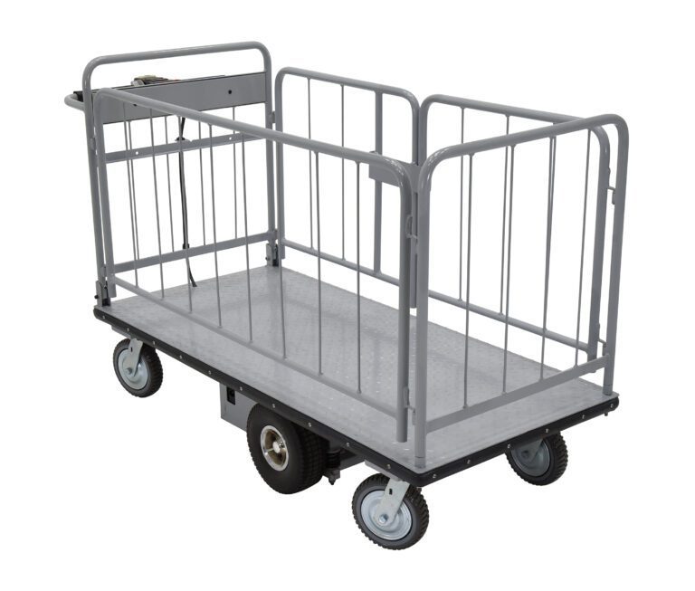 The Vestil Electric Matl Hndl With Sides Cart 28X60 features a durable gray metal frame with side railings, four wheels, and a convenient handle for easy transport of goods.