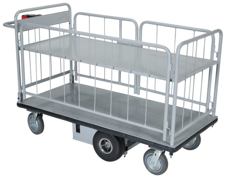 EMHC-2860-3_A.jpg The Vestil Elec Matl Hndl Cart Sides 1-Shelf 28X60 is a large, flat, gray utility cart with railings on all sides and four small wheels. It features a textured platform and a handlebar on one end, making it perfect for transporting heavy or bulky items easily.