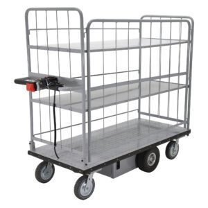 The Vestil Elec Matl Hndl Cart Sides 2-Shelv 28X60 has a grid-like frame with two shelves, four wheels, and a red-button handle for versatile and efficient transport. Its sleek design fits any setting with ample space.