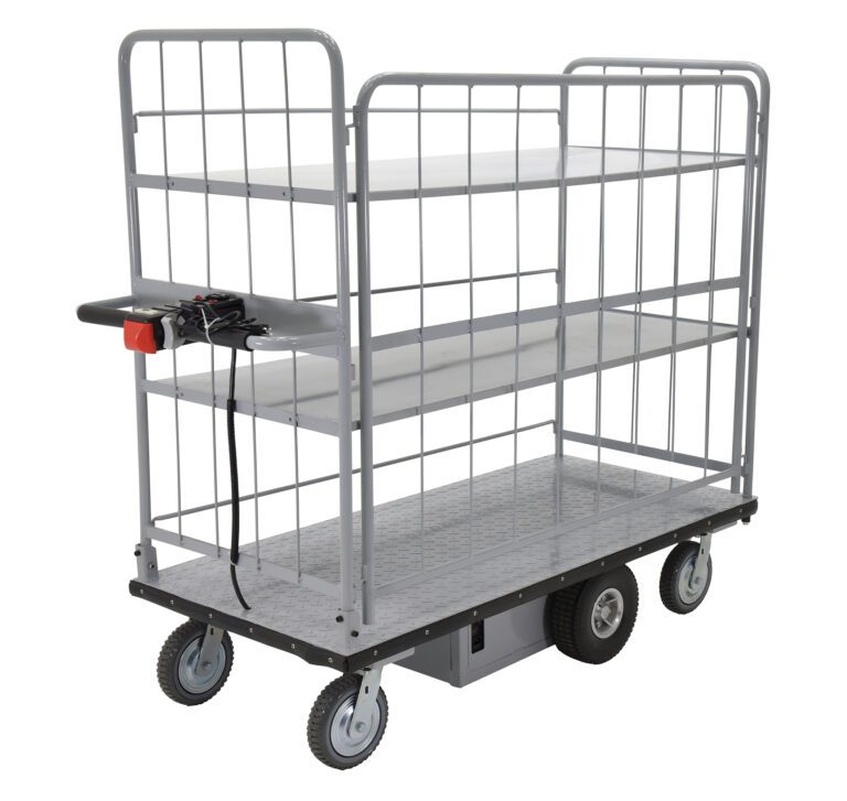 EMHC-2860-4_A.jpg The Vestil Elec Matl Hndl Cart Sides 2-Shelv 28X60 has a grid-like frame with two shelves, four wheels, and a red-button handle for versatile and efficient transport. Its sleek design fits any setting with ample space.
