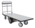 The Vestil Electric Material Handling Cart 28 X 72, No Sides features a metal platform, four wheels (larger rear and smaller front), and a steering handle, making it ideal for effortlessly transporting heavy or bulky items.