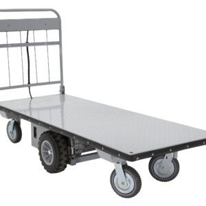 The Vestil Electric Material Handling Cart 28 X 72, No Sides features a metal platform, four wheels (larger rear and smaller front), and a steering handle, making it ideal for effortlessly transporting heavy or bulky items.
