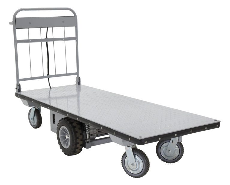 The Vestil Electric Material Handling Cart 28 X 72, No Sides features a metal platform, four wheels (larger rear and smaller front), and a steering handle, making it ideal for effortlessly transporting heavy or bulky items.