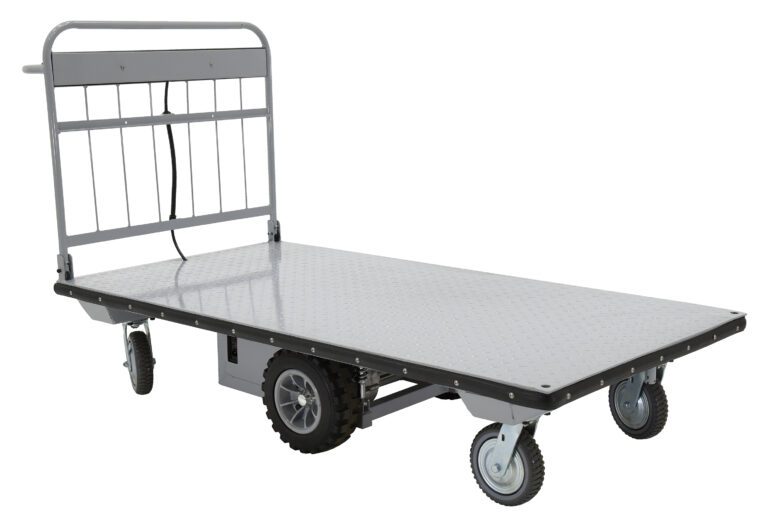 The Vestil Electric Material Handling Cart 36 X 72, No Sides, features a metal frame and dot-patterned flatbed with two large tread rear wheels and two smaller swivel front wheels, ideal for moving heavy items.