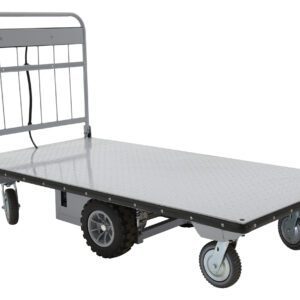 The Vestil Electric Material Handling Cart 36 X 72, No Sides, features a metal frame and dot-patterned flatbed with two large tread rear wheels and two smaller swivel front wheels, ideal for moving heavy items.