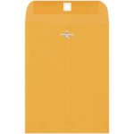 A large 6 1/2 x 9 1/2 Kraft Clasp Envelope is vertically oriented with a metal closure and a white circular sticker on the open flap, set against a plain background. Ideal for organization, this product is available in bulk as 6 1/2 x 9 1/2 Kraft Clasp Envelopes (1000/Case).