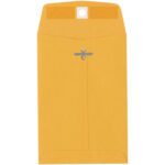 The large brown manila envelope from the 5 x 7 1/2 Kraft Clasp Envelopes (1000/Case) has a metal clasp closure, an adhesive seal, and a top flap with a circular hole for the clasp.