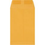 A 6 x 9 Kraft Gummed Envelope, part of a case of 2500, is shown vertically against a white background with the flap unfolded at the top, emphasizing its sturdy design.