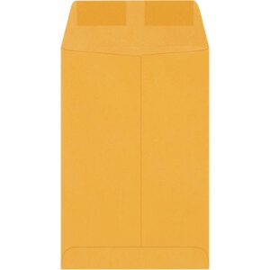 A 6 x 9 Kraft Gummed Envelope, part of a case of 2500, is shown vertically against a white background with the flap unfolded at the top, emphasizing its sturdy design.