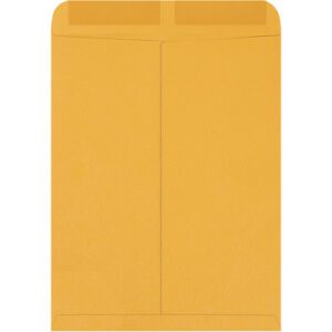 The 12 x 15 1/2 Kraft Gummed Envelope is shown upright with its flap open, revealing the interior. It is sturdy, plain, made of thick material for mailing documents, and is available in a case of 250.