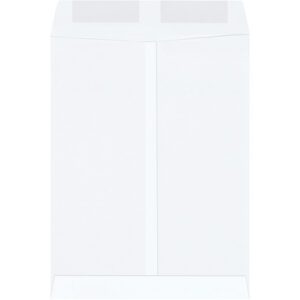An envelope from the MH-USA 9 x 12 White Gummed Envelopes (1000/Case) is displayed against a white background, with the back flap and seam shown vertically.