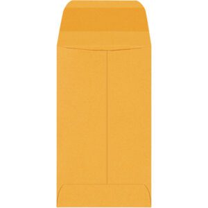 A closed brown manila envelope with its flap open stands upright on a white background, resembling the 2 1/2 x 4 1/4 Kraft Gummed Envelopes (5000/Case).