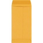 A 3 1/2 x 6 1/2 kraft gummed envelope stands vertically, flap closed. Its natural, rustic look is enhanced by gummed seams, making it ideal for bulk needs with a pack of 5000 per case.