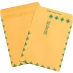 Two yellow 10 x 13 Kraft First Class Redi-Seal Envelopes (500/Case) are displayed. The envelopes feature green text and postage mark designs; one is open, showing the triangular edge design, while the other remains closed. Ideal for sending important documents with ease.