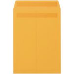 A large brown manila envelope, identified as a 10 x 15 Kraft Redi-Seal Envelope from a pack of 250, stands upright with the flap side forward, ideal for mailing documents.