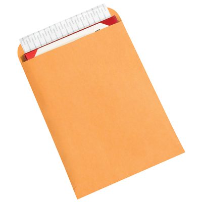 EN1060.jpg A 9 x 12 Kraft Self-Seal Envelope, from the 500/Case pack, is slightly open at the top, revealing colorful documents inside.