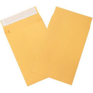 Two large 10 x 13 x 2 Kraft expandable self-seal envelopes are shown against a white background—one fully open displaying the interior flap, while the other is partially overlapped, revealing its sealed side.