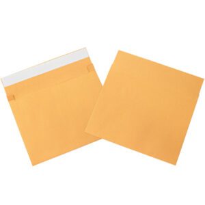 Two square orange envelopes are shown: one is sealed flat, the other partly open revealing a white strip inside. The 10 x 15 x 2 Kraft Expandable Self-Seal Envelopes (100/Case) are set against a plain white background.