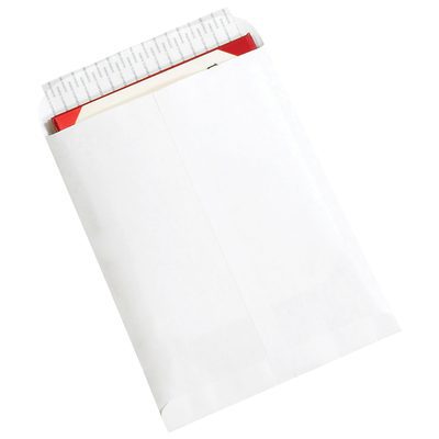 EN1070.jpg A red and white card peeks from a partially opened MH-USA 9 1/2 x 12 1/2 White Self-Seal Envelope, featuring a peel-and-seal strip, available in cases of 500.