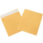 Two 10 x 13 x 2 Kraft Expandable Self-Seal Envelopes are shown, with one facing up and the other, flap open downwards to reveal a white sealing strip. They feature a smooth texture and rectangular shape.