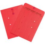 Two MH-USA 10 x 13 red inter-department envelopes are shown: one closed, and one open with a columned form inside. Both have multiple holes and secure string-and-button closures, ideal for efficient inter-office communication.