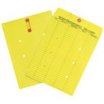 Two MH-USA 10 x 13 yellow inter-department envelopes—one open, one closed. The open envelope shows a grid for recipient details. Both have red string closures and multiple round holes, ideal for secure document transport.