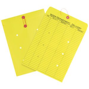 Two MH-USA 10 x 13 yellow inter-department envelopes—one open, one closed. The open envelope shows a grid for recipient details. Both have red string closures and multiple round holes, ideal for secure document transport.