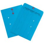 The MH-USA 10 x 13 Blue Inter-Department Envelopes, with a grid for dates and signatures, feature red string closures with metal eyelets and circular holes for secure transport, available in sets of 100 per case.