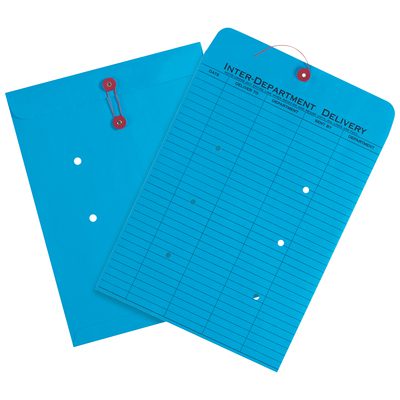 EN1097.jpg The MH-USA 10 x 13 Blue Inter-Department Envelopes, with a grid for dates and signatures, feature red string closures with metal eyelets and circular holes for secure transport, available in sets of 100 per case.