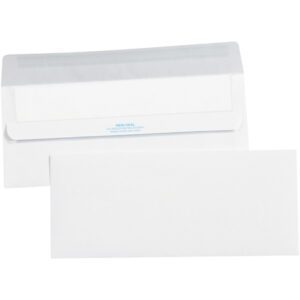 Two MH-USA 4 1/8 x 9 1/2 - Lbs10 Plain Redi-Seal Business Envelopes are shown against a white backdrop; one is closed, the other partially open to reveal the adhesive flap, with the closed envelope positioned in front.