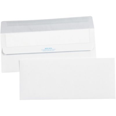 EN1108.jpg Two MH-USA 4 1/8 x 9 1/2 - Lbs10 Plain Redi-Seal Business Envelopes are shown against a white backdrop; one is closed, the other partially open to reveal the adhesive flap, with the closed envelope positioned in front.