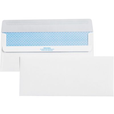 EN1109.jpg Two white MH-USA 4 1/8 x 9 1/2 Lbs10 Plain Redi-Seal Business Envelopes with Security Tint are displayed; one closed and flat, while the other is open, showcasing its blue security pattern as the flap reveals the design.
