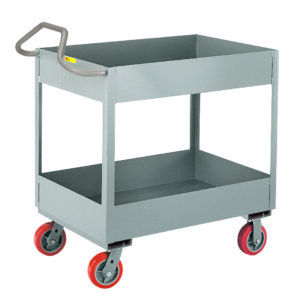 The Little Giant 6-Inch Deep Shelf Truck with Ergonomic Handle features a gray metal two-tier design, four red wheels, and an open rectangular structure. This versatile cart is displayed empty against a white background.