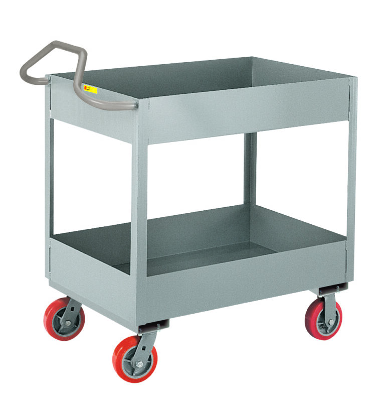 The Little Giant 6-Inch Deep Shelf Truck with Ergonomic Handle features a gray metal two-tier design, four red wheels, and an open rectangular structure. This versatile cart is displayed empty against a white background.