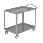 Discover the Little Giant Ergonomic Shelf Truck - New Handle Design, a gray two-tiered metal utility cart with red swivel wheels. Its user-friendly handle ensures easy maneuverability, and the top tray is deeper than the bottom for added convenience.