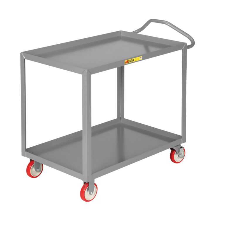 Discover the Little Giant Ergonomic Shelf Truck - New Handle Design, a gray two-tiered metal utility cart with red swivel wheels. Its user-friendly handle ensures easy maneuverability, and the top tray is deeper than the bottom for added convenience.