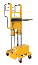 This yellow manual lift table cart has a strong metal platform, vertical frame, hydraulic mechanism, four red caster wheels, and two handlebars. Perfect for lifting and moving small loads in industrial settings, its a great alternative to the Vestil Electric Order Picker 0.44K Capacity.