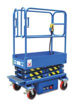 The Vestil Electric Order Picker 0.5K Capacity has a blue scissor lift platform with yellow and black stripes, a sturdy handrail, a control box with a yellow button, and red wheels for smooth mobility.