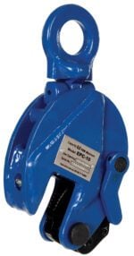 The blue Vestil Vertical Plate Clamp 1K Capacity features a metal ID plate, a large circular top handle, and gripping jaws for heavy-duty lifting tasks.