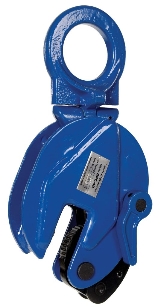 The Vestil Vertical Plate Clamp 4K Capacity features a blue design, a circular handle at the top, and a movable jaw mechanism at the bottom for gripping and lifting heavy materials.