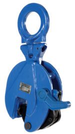 The Vestil Vertical Plate Clamp 6.6K Capacity is a blue industrial metal clamp with a circular handle for lifting heavy materials. It features a visible gear mechanism and has a metal label on its side.