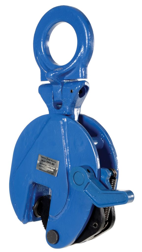 The Vestil Vertical Plate Clamp 6.6K Capacity is a blue industrial metal clamp with a circular handle for lifting heavy materials. It features a visible gear mechanism and has a metal label on its side.