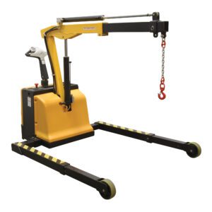 The Vestil Adjust Electric Powered Floor Crane 2.5K is a portable hydraulic lifting machine with a yellow base, black extended arms, and a red boom hook. It features two front wheels for mobility and comes with a handle for easy control.