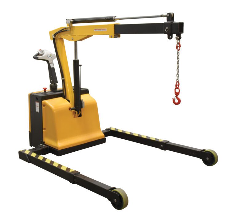 EPFC-25-AA_A.jpg The Vestil Adjust Electric Powered Floor Crane 2.5K is a portable hydraulic lifting machine with a yellow base, black extended arms, and a red boom hook. It features two front wheels for mobility and comes with a handle for easy control.