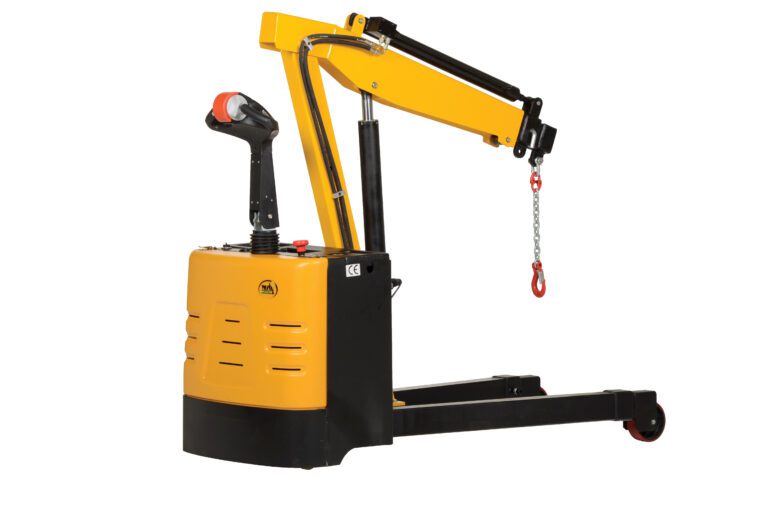 The Vestil Electric Powered Floor Crane 2.5K Lb, showcasing a yellow and black design with a hydraulic arm, joystick control, and red hook on a chain, is set against a white background.
