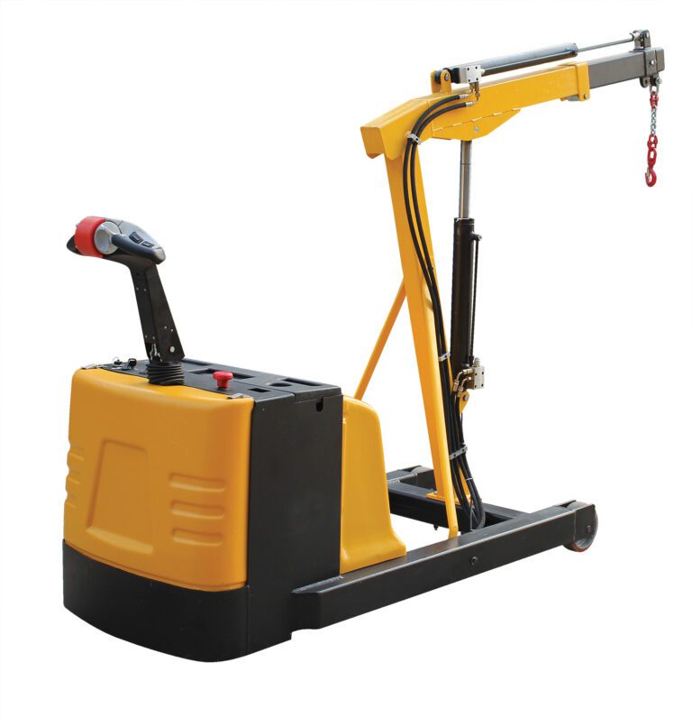 EPFC-CB-15_A.jpg The Vestil Elec Pwr Counter Balance Floor Crane 1.5 is a yellow and black industrial lifting crane with hydraulic arms, a control panel, small wheeled base, and chain hook. It features an adjustable boom for moving heavy materials in warehouses or construction sites.